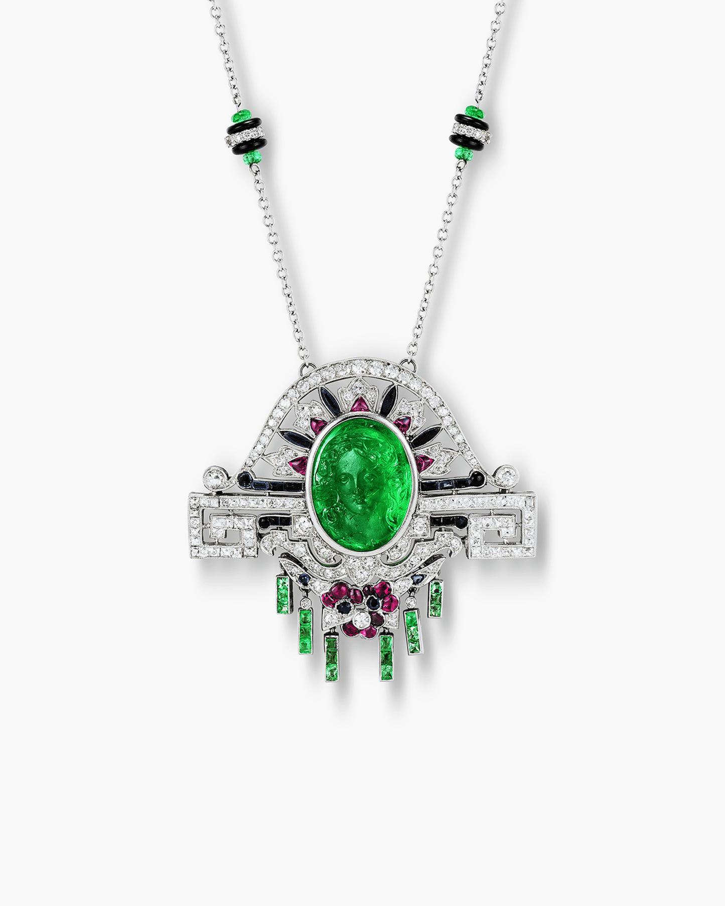 Art Deco Carved Emerald, Gemstone, Onyx and Diamond Pendant Necklace