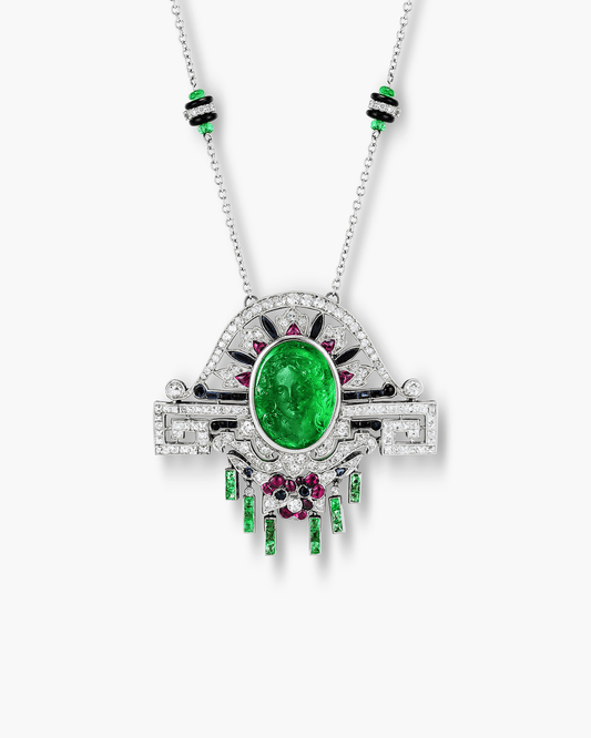 Art Deco Carved Emerald, Gemstone, Onyx and Diamond Pendant Necklace