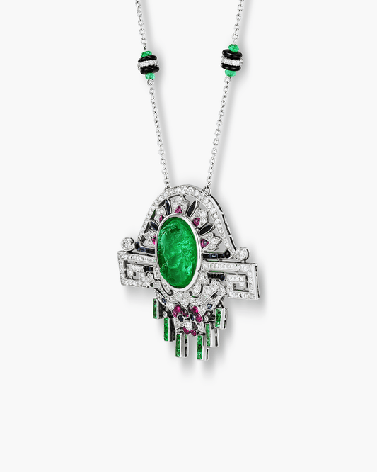 Art Deco Carved Emerald, Gemstone, Onyx and Diamond Pendant Necklace