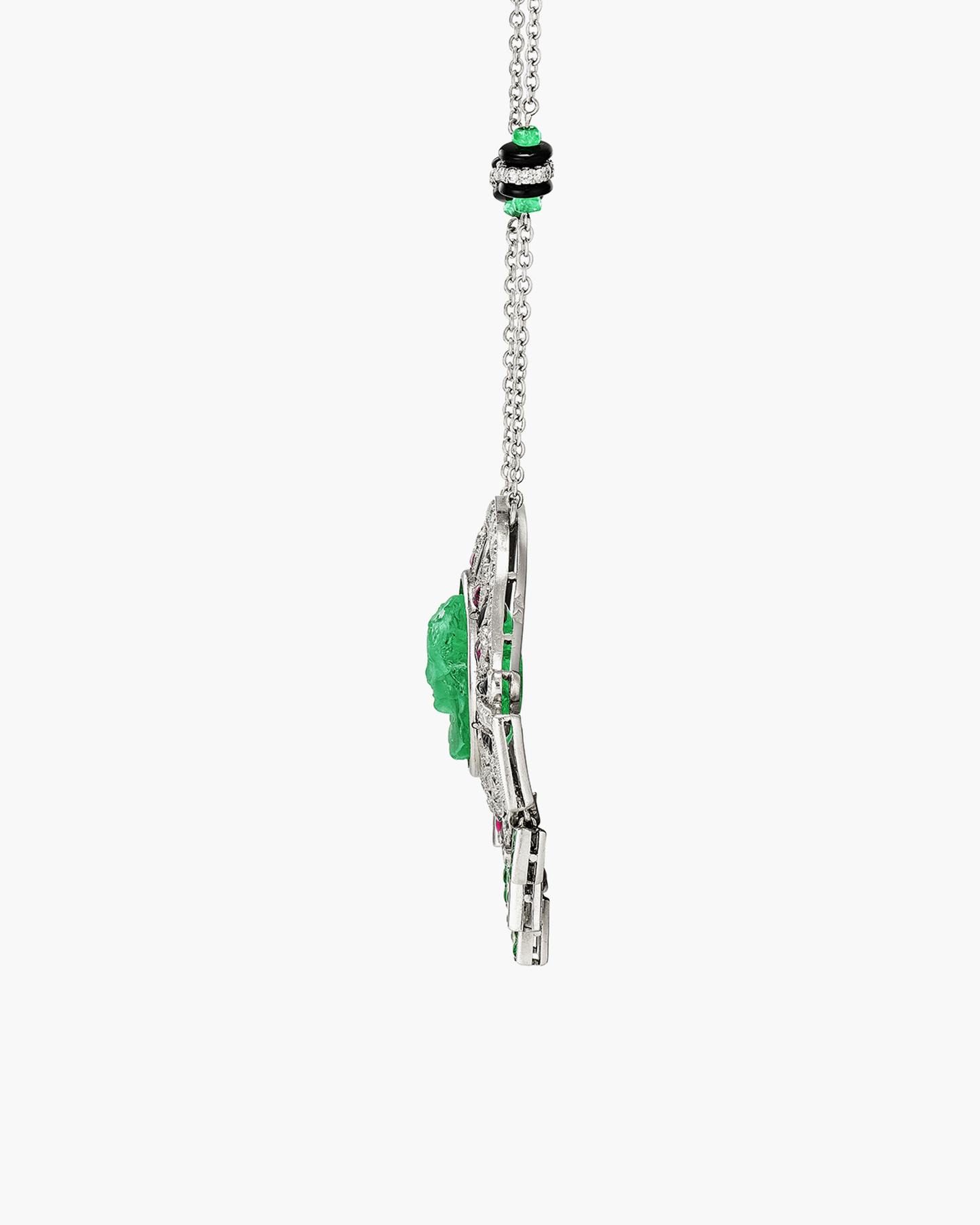 Art Deco Carved Emerald, Gemstone, Onyx and Diamond Pendant Necklace