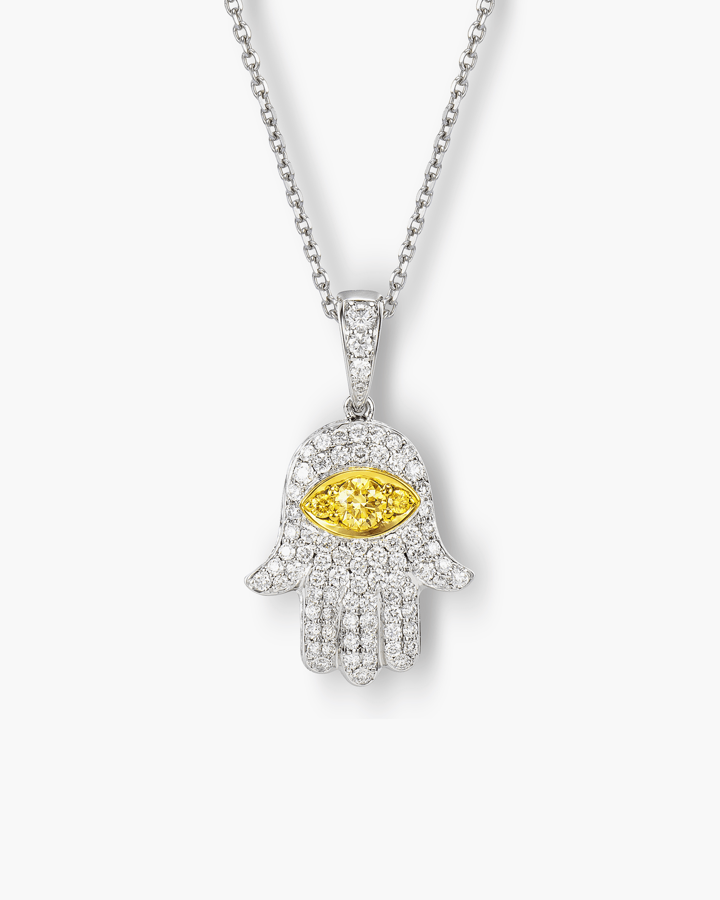 Yellow and White Diamond Hamsa Pendant Necklace, 0.71 carats
