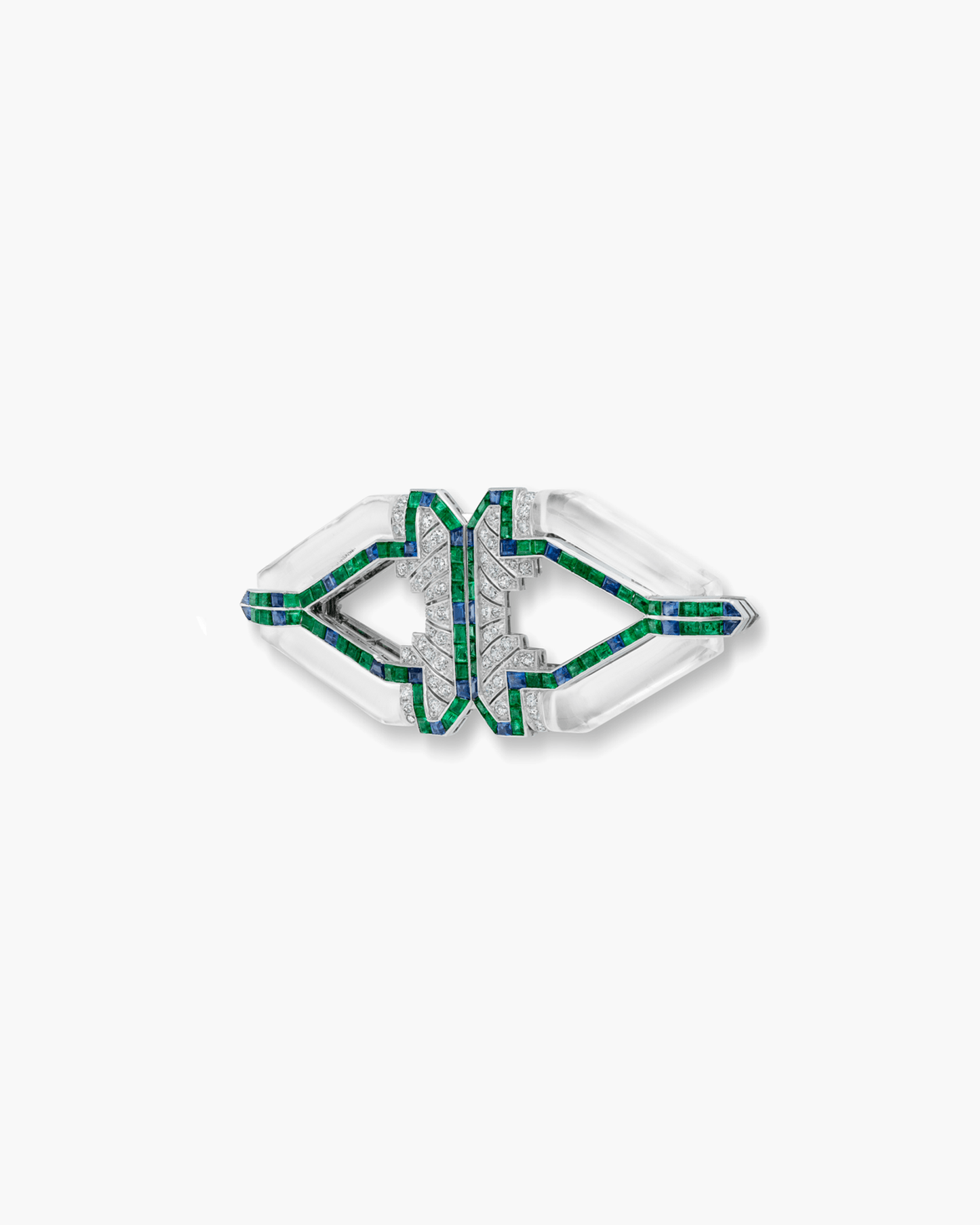 Art Deco Rock Crystal, Diamond, Sapphire and Emerald Double Clip Brooch by Raymond Yard