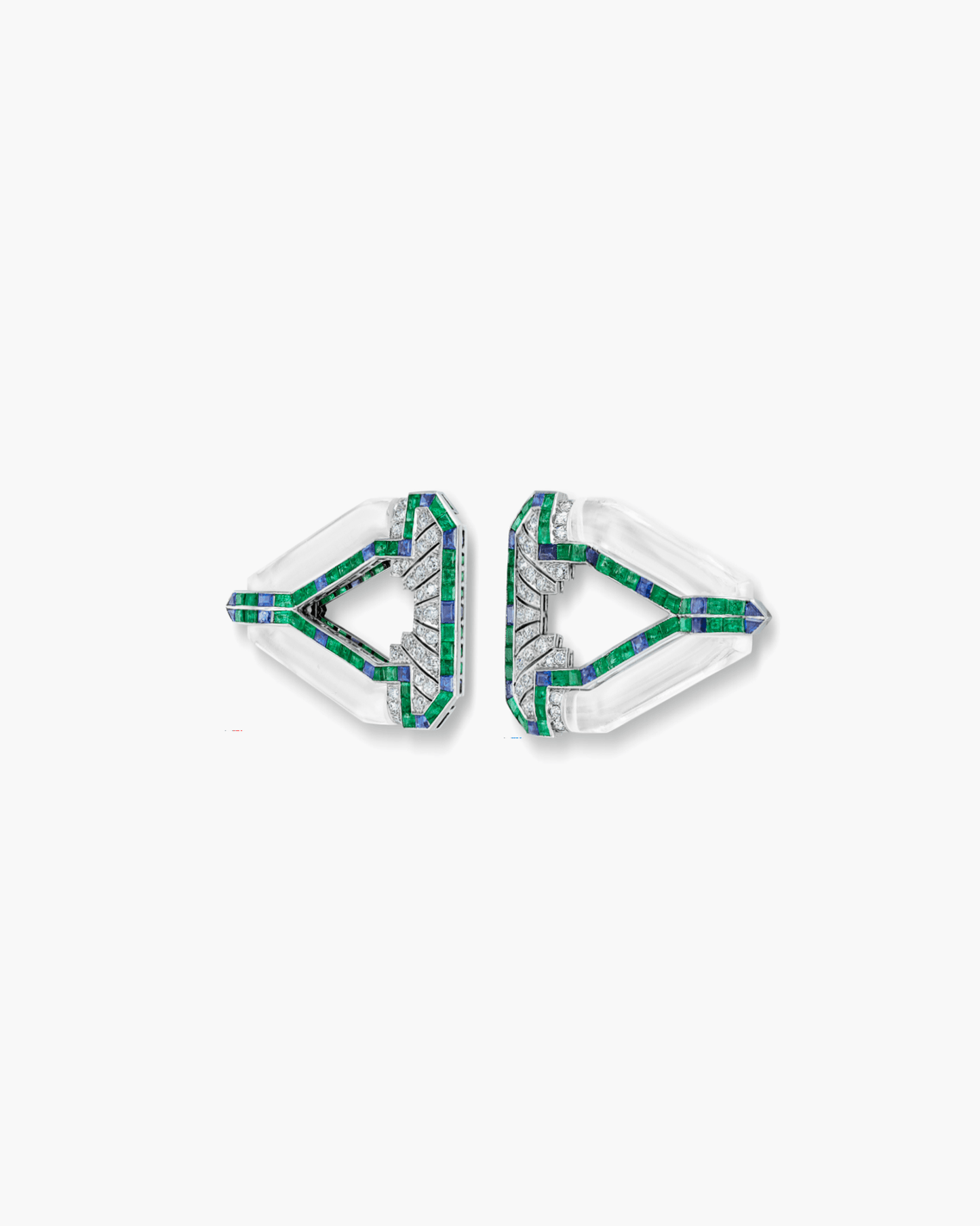 Art Deco Rock Crystal, Diamond, Sapphire and Emerald Double Clip Brooch by Raymond Yard