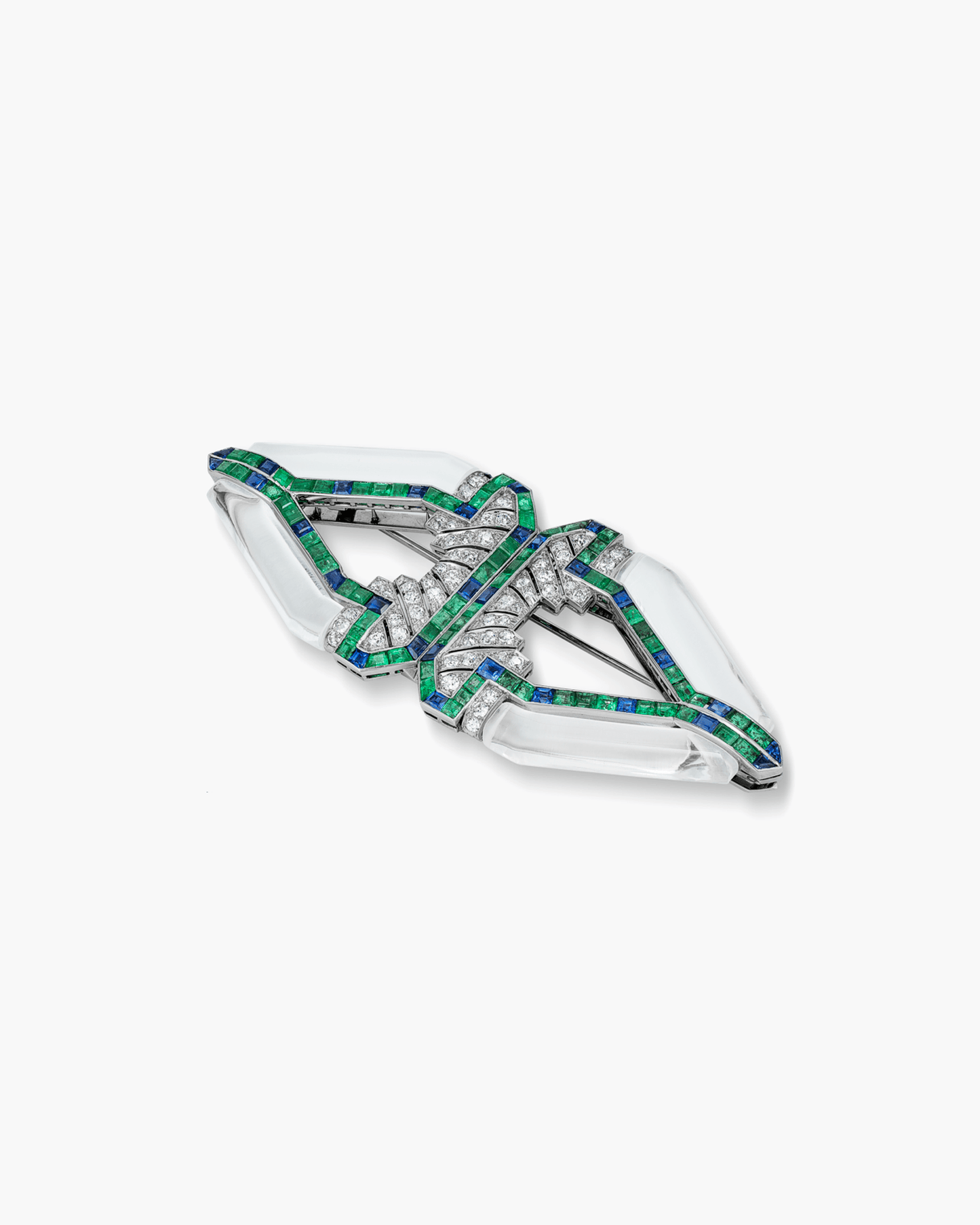Art Deco Rock Crystal, Diamond, Sapphire and Emerald Double Clip Brooch by Raymond Yard