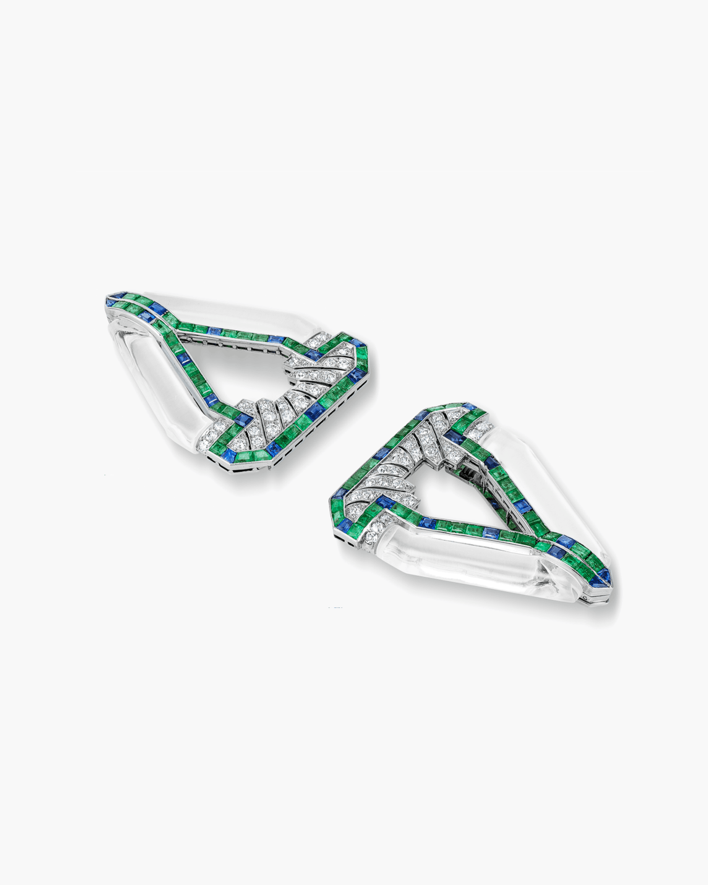 Art Deco Rock Crystal, Diamond, Sapphire and Emerald Double Clip Brooch by Raymond Yard