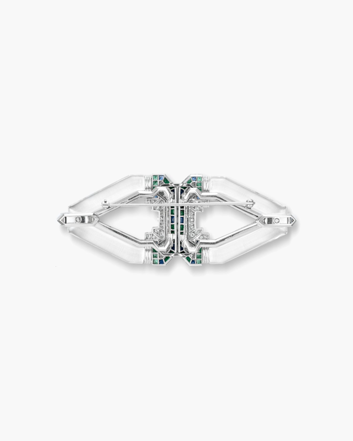 Art Deco Rock Crystal, Diamond, Sapphire and Emerald Double Clip Brooch by Raymond Yard