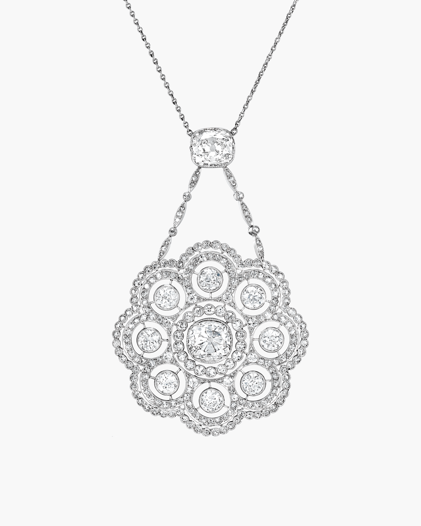 Edwardian Old Mine Cushion Diamond Pendant Necklace