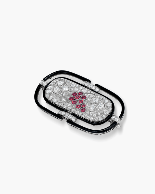 Art Deco Diamond and Ruby Enamel Brooch