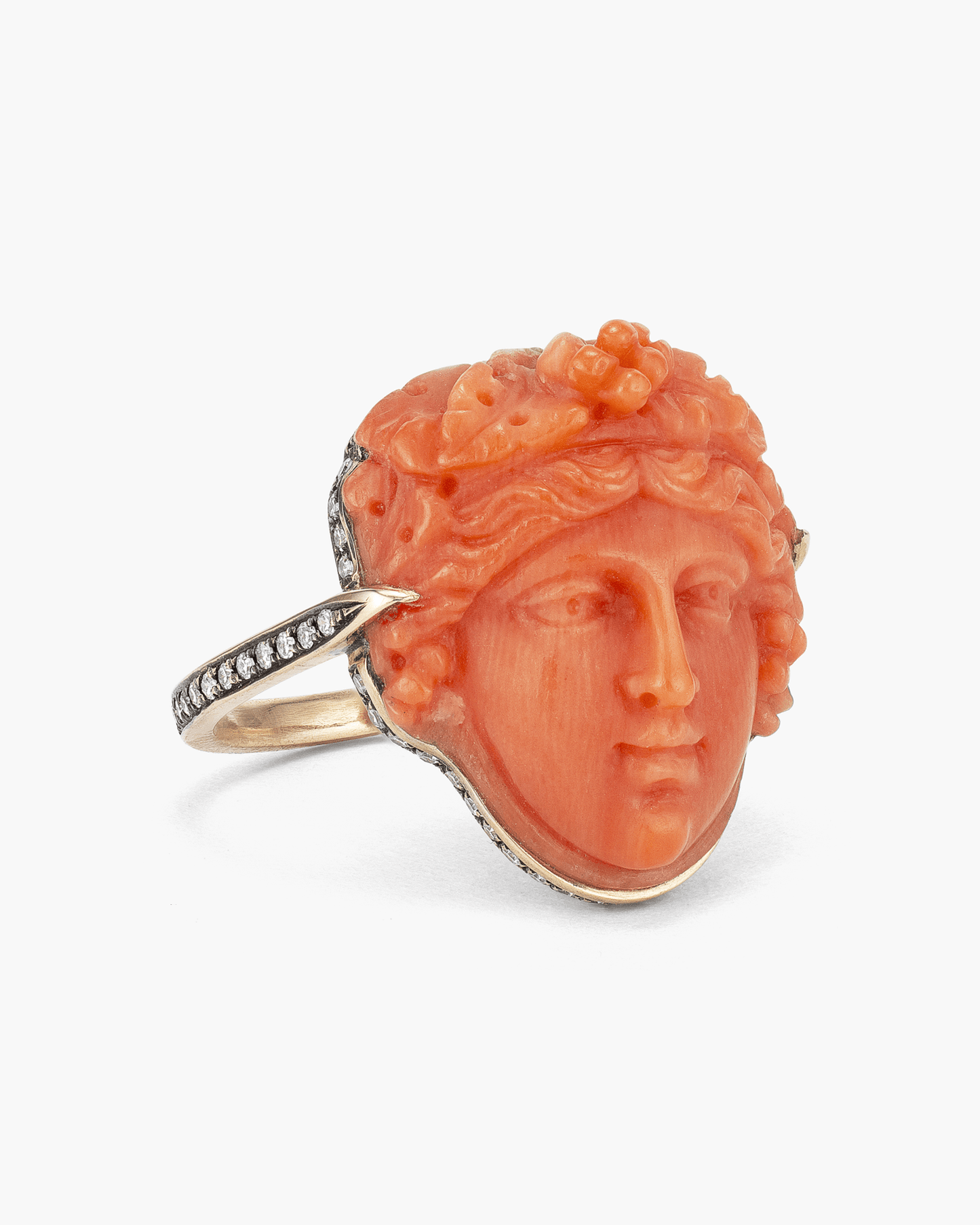 Estate Corallium Rubrum and Diamond Bacchus Ring