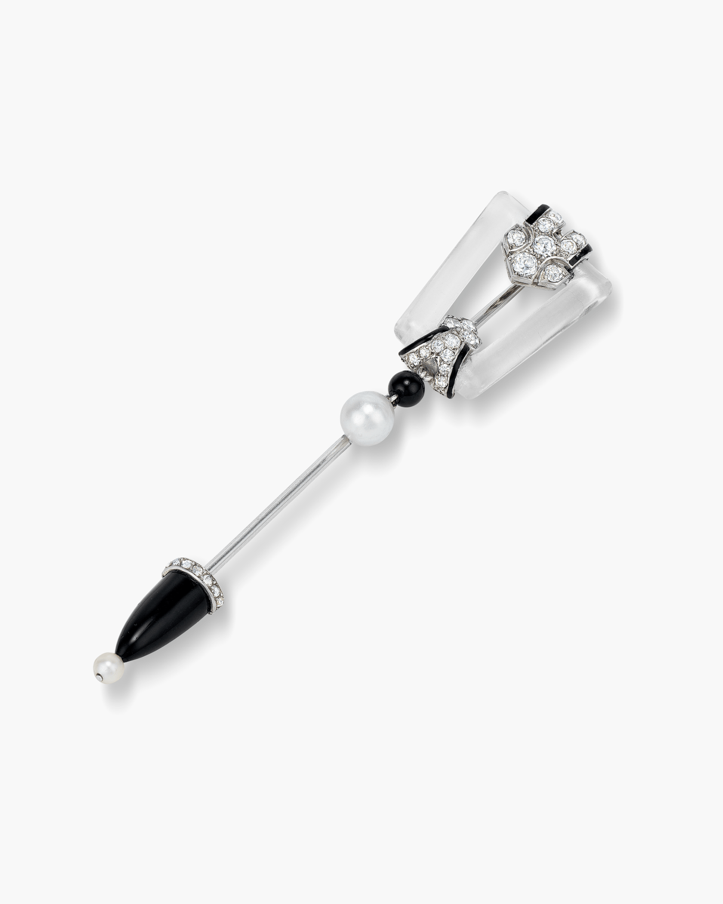 Art Deco Rock Crystal, Enamel, Onyx, Diamond & Pearl Jabot by Cartier