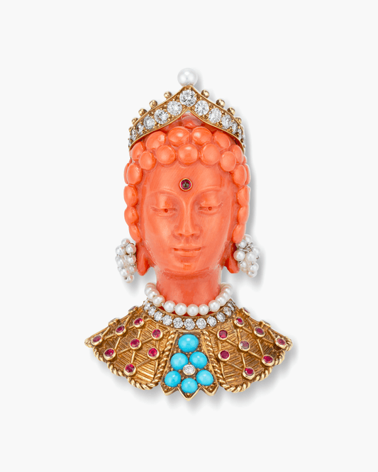 Estate Carved Coral and Diamond Bodhisattva Head Brooch by Cartier