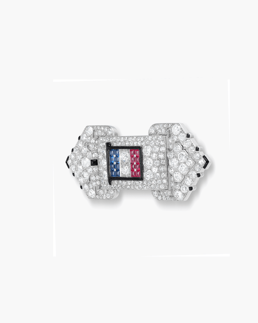 Art Deco Diamond, Sapphire, Ruby, Enamel and Onyx Brooch by Cartier