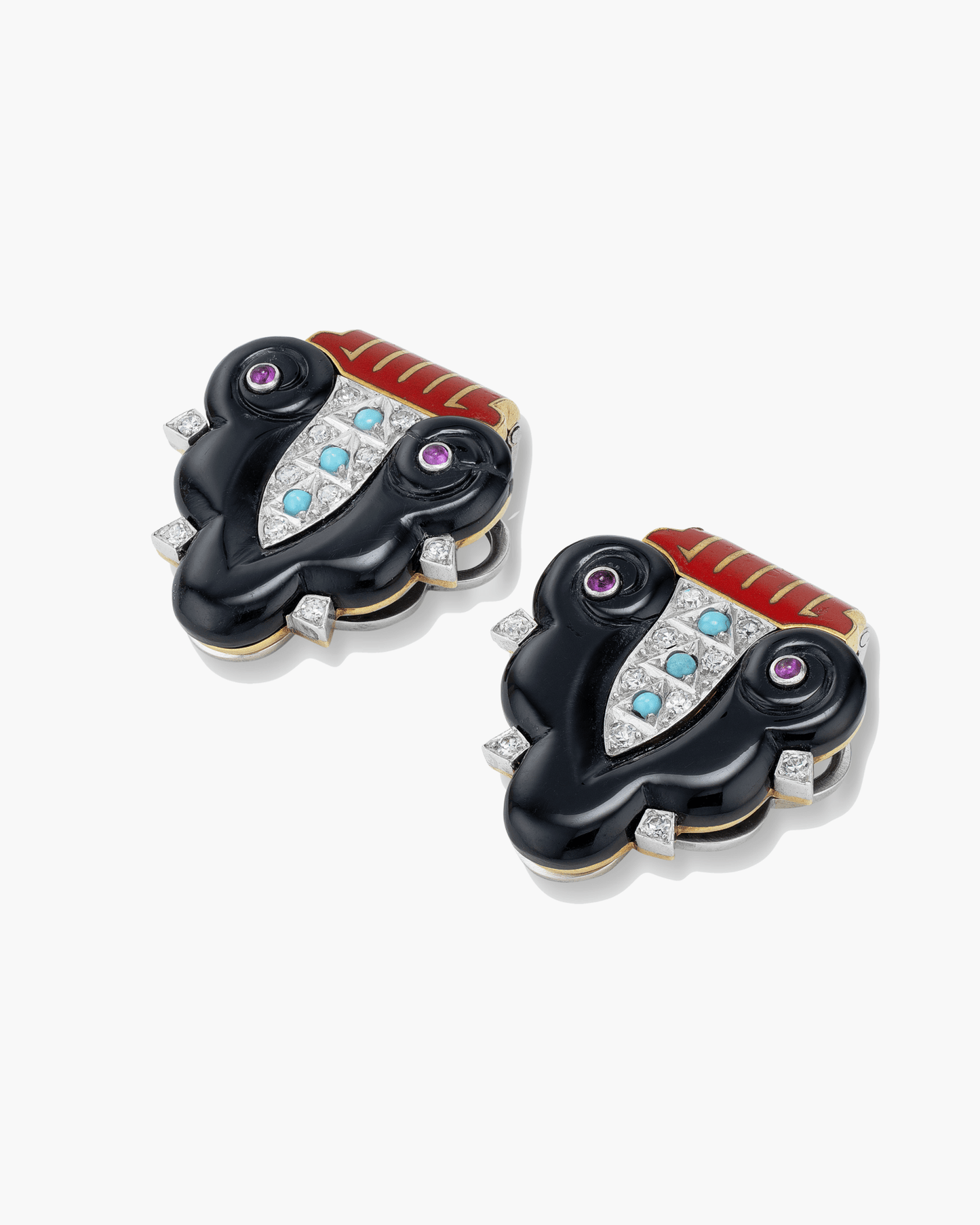 Art Deco Diamond, Ruby, Enamel, Onyx and Turquoise Lapel Clips by Cartier