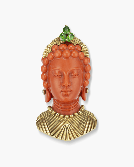 Estate Carved Coral, Diamond and Peridot Bodhisattva Head Clip Brooch by Cartier