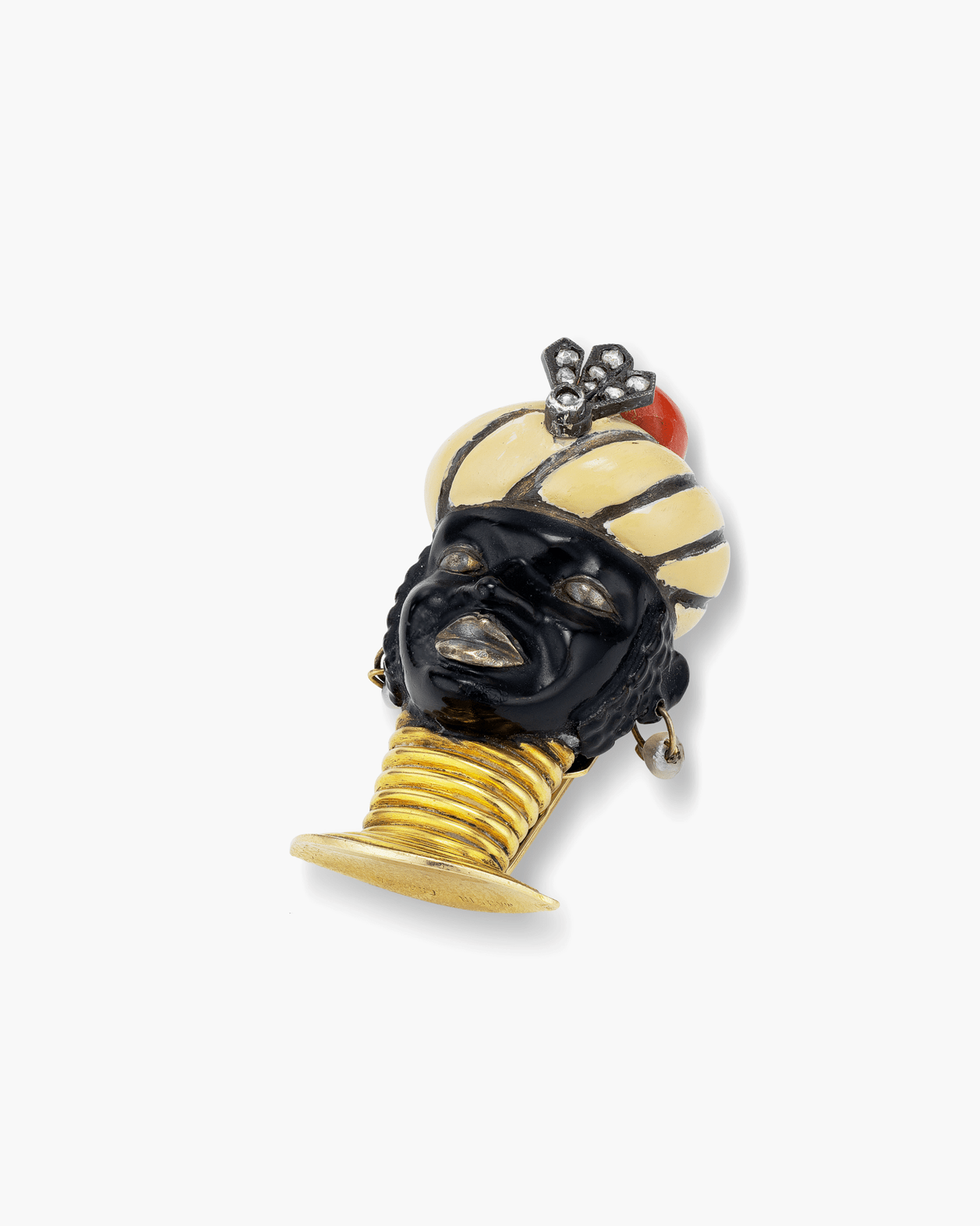 Art Deco Diamond, Lacquer, Coral and Pearl Blackamoor Brooch by Cartier