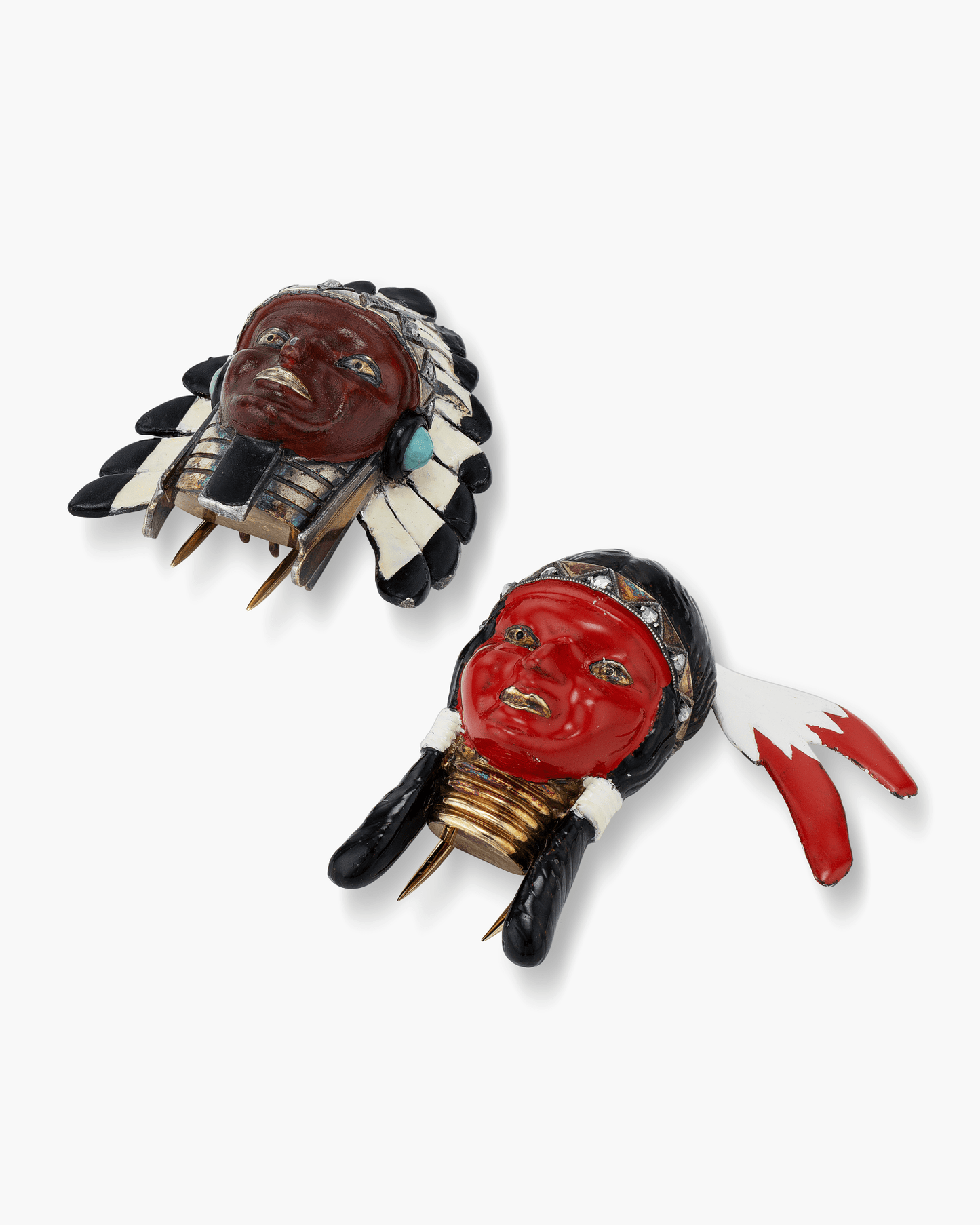 Art Deco Diamond and Lacquer Sioux and Squaw Brooches by Cartier