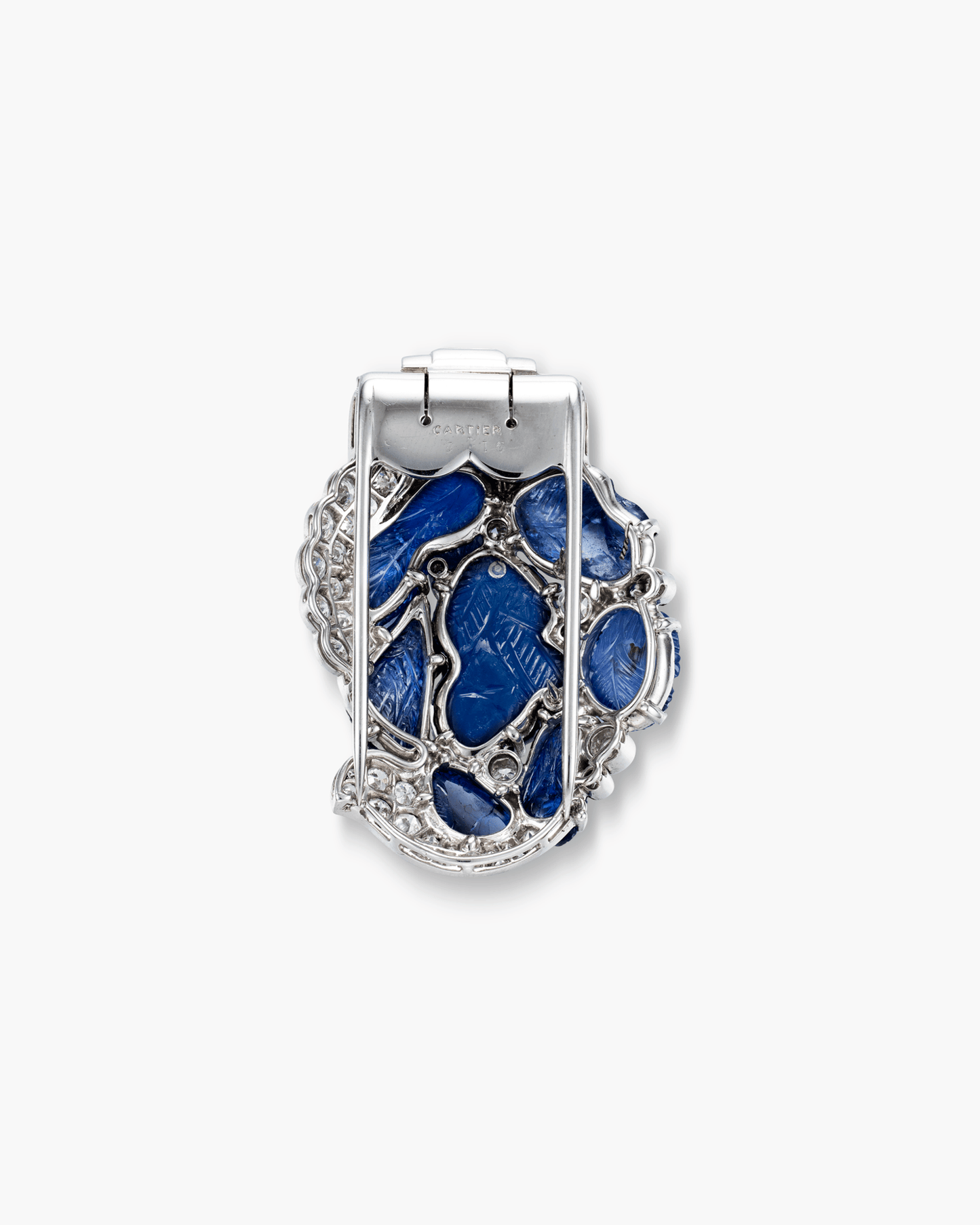 Art Deco Carved Sapphire and Diamond Clip Brooch by Cartier