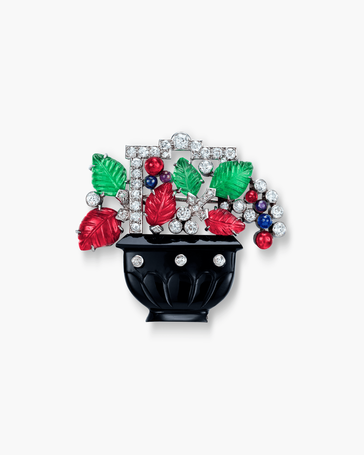 Art Deco Onyx, Amethyst, Emerald, Sapphire, Ruby and Diamond Tutti Frutti Flower Basket Brooch by Cartier