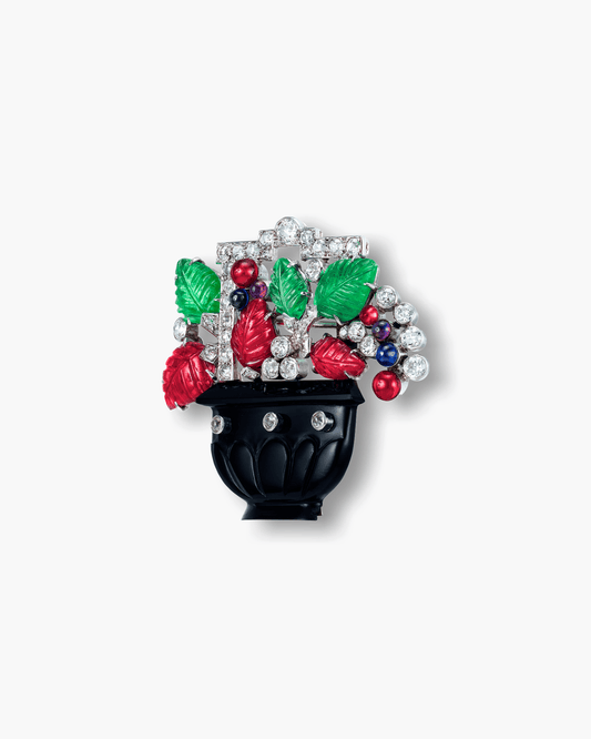 Art Deco Onyx, Amethyst, Emerald, Sapphire, Ruby and Diamond Tutti Frutti Flower Basket Brooch by Cartier