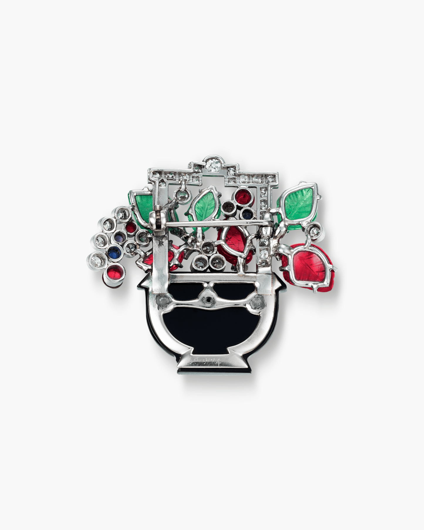 Art Deco Onyx, Amethyst, Emerald, Sapphire, Ruby and Diamond Tutti Frutti Flower Basket Brooch by Cartier