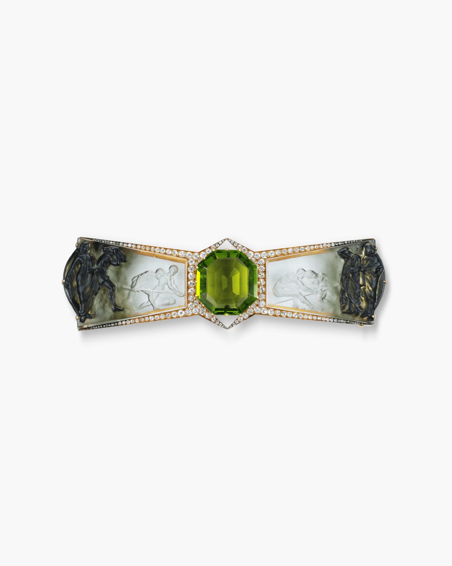 Art Nouveau Peridot, Glass, Diamond and Enamel 'Le Vol de la Pierre' Brooch by René Lalique