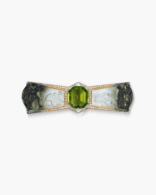 Art Nouveau Peridot, Glass, Diamond and Enamel 'Le Vol de la Pierre' Brooch by René Lalique