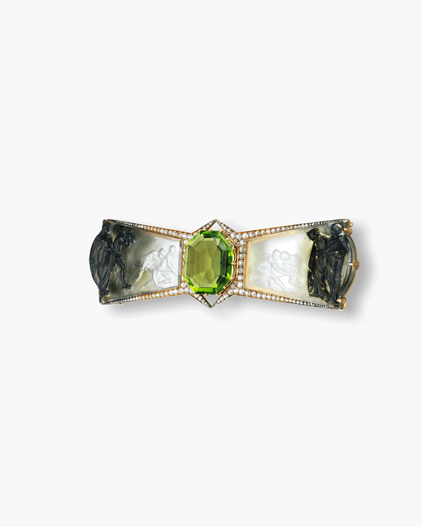 Art Nouveau Peridot, Glass, Diamond and Enamel 'Le Vol de la Pierre' Brooch by René Lalique
