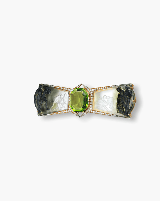 Art Nouveau Peridot, Glass, Diamond and Enamel 'Le Vol de la Pierre' Brooch by René Lalique