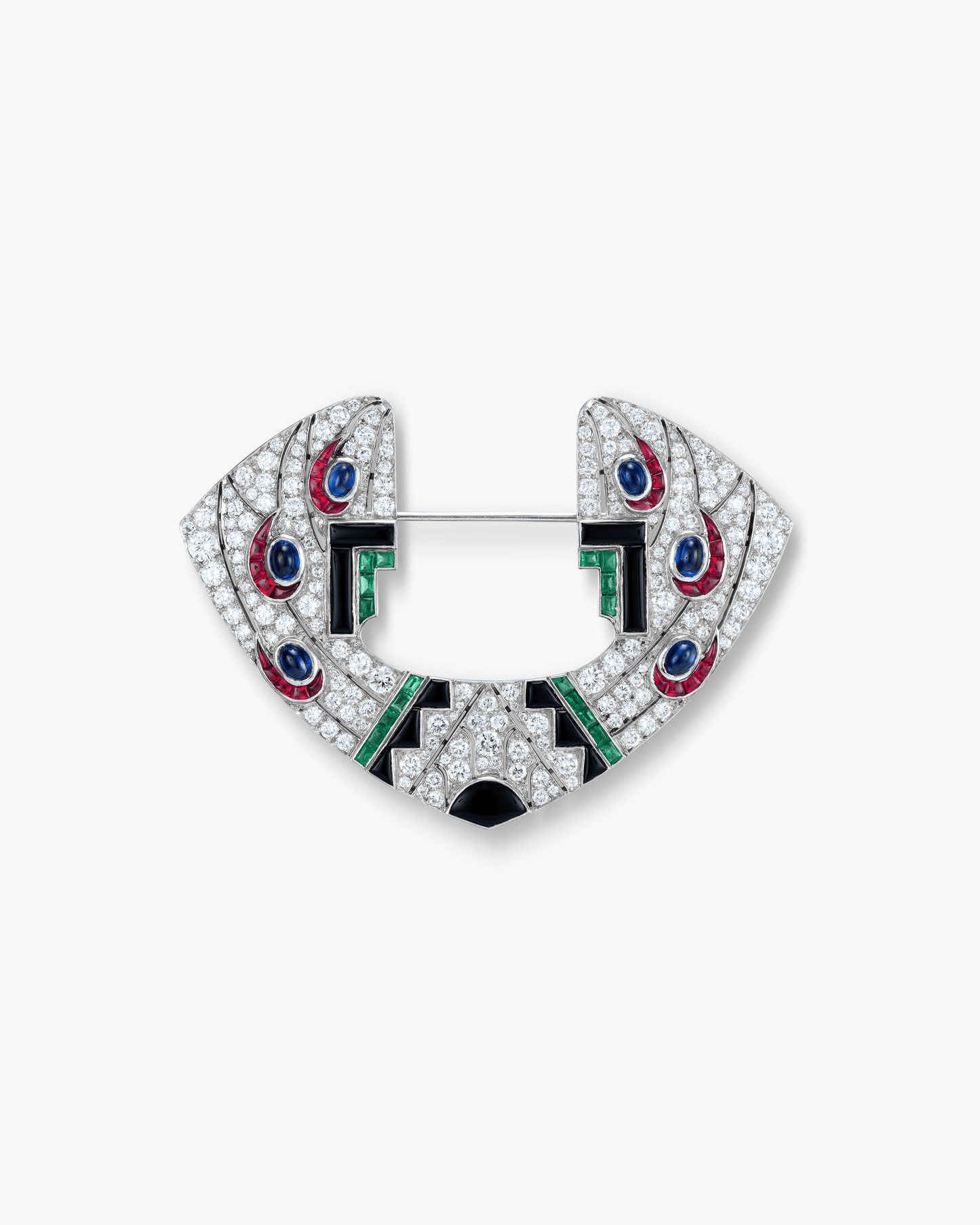 Art Deco Diamond, Sapphire, Ruby and Emerald Onyx Geometric Motif Brooch