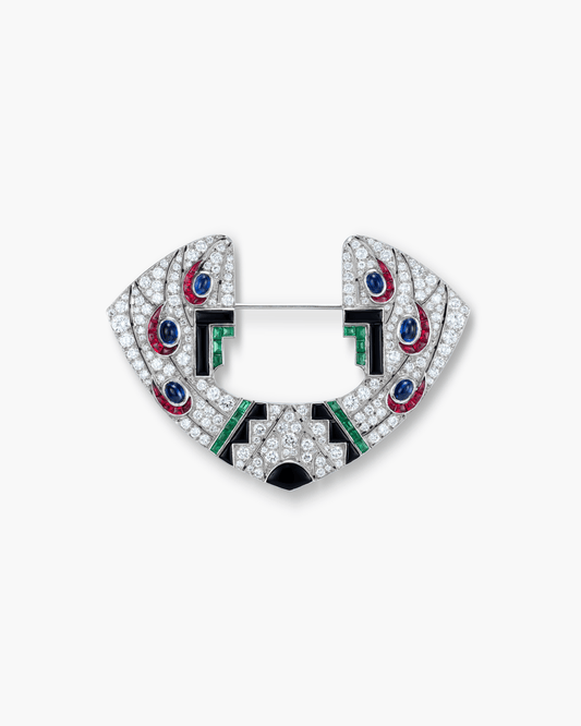 Art Deco Diamond, Sapphire, Ruby and Emerald Onyx Geometric Motif Brooch