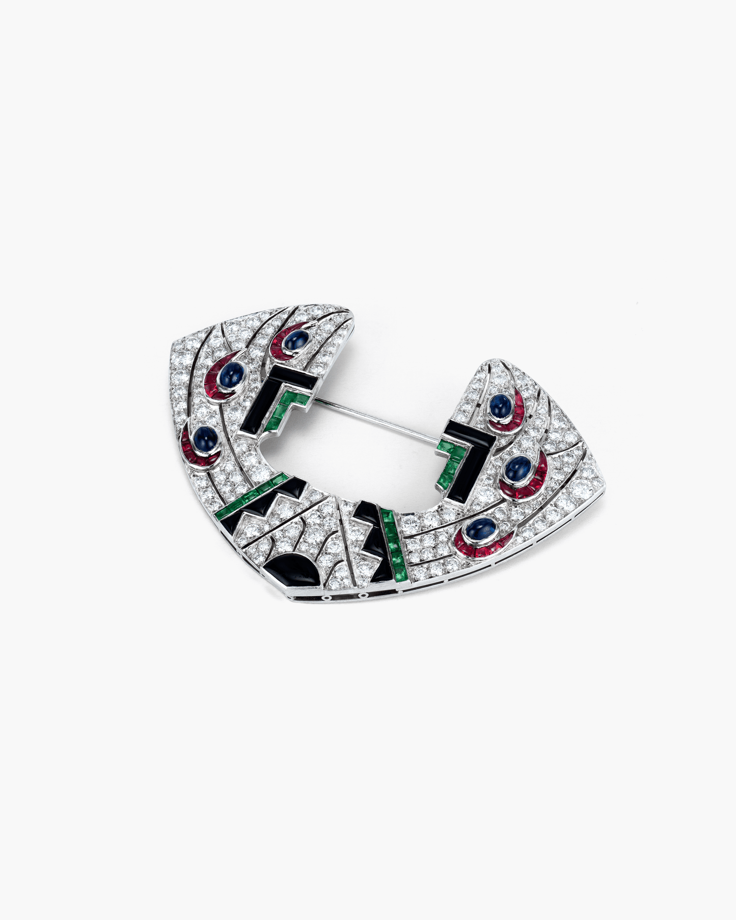 Art Deco Diamond, Sapphire, Ruby and Emerald Onyx Geometric Motif Brooch