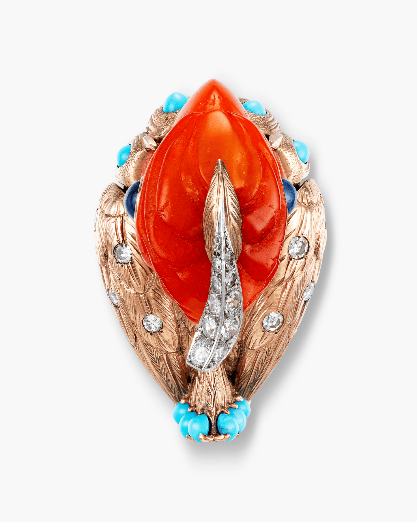 Estate Amber, Turquoise, Sapphire and Diamond Parrot Clip Brooch by Cartier