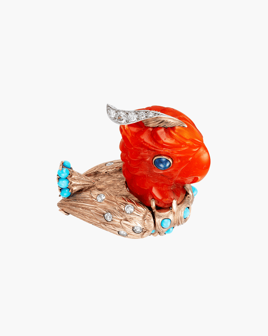 Estate Amber, Turquoise, Sapphire and Diamond Parrot Clip Brooch by Cartier