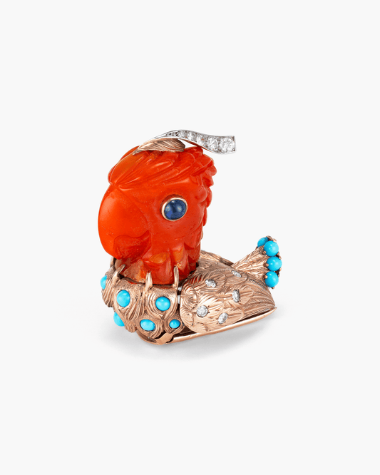 Estate Amber, Turquoise, Sapphire and Diamond Parrot Clip Brooch by Cartier