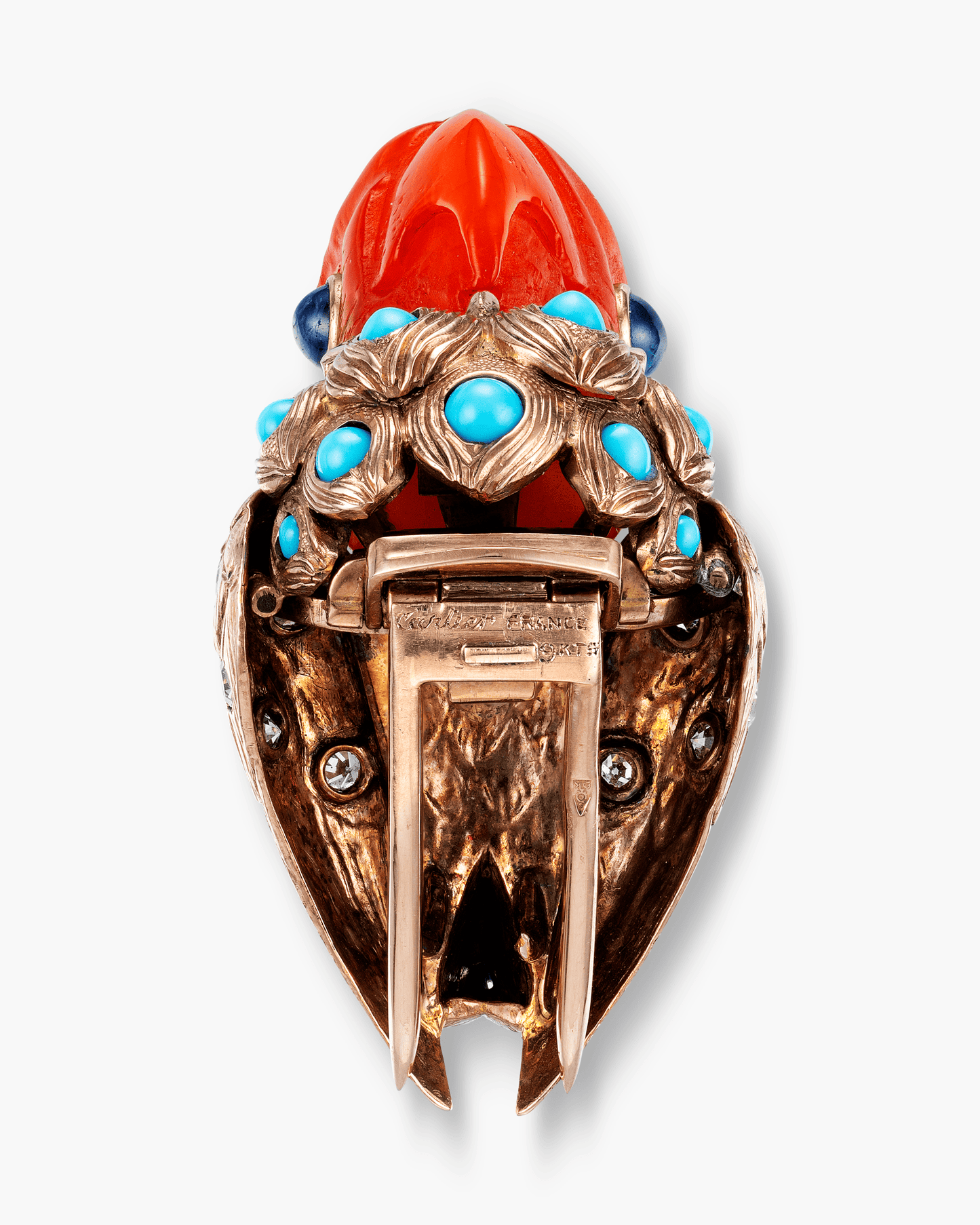 Estate Amber, Turquoise, Sapphire and Diamond Parrot Clip Brooch by Cartier