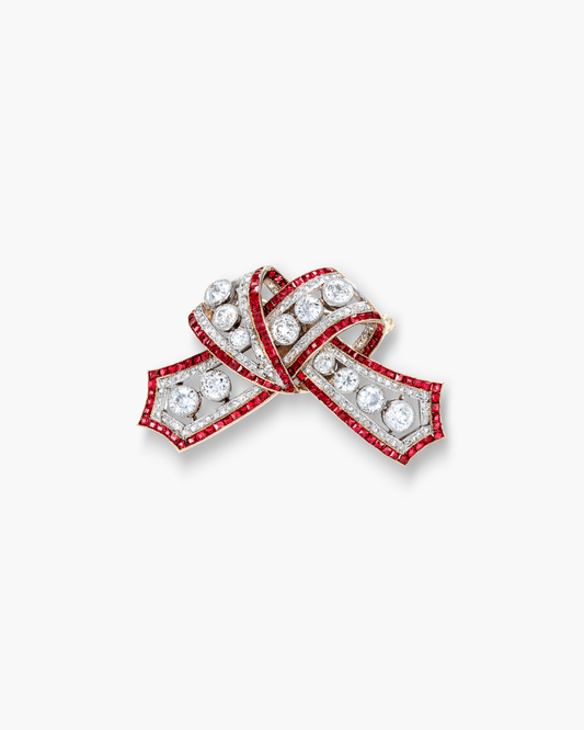 Edwardian Diamond and Ruby Bow Brooch