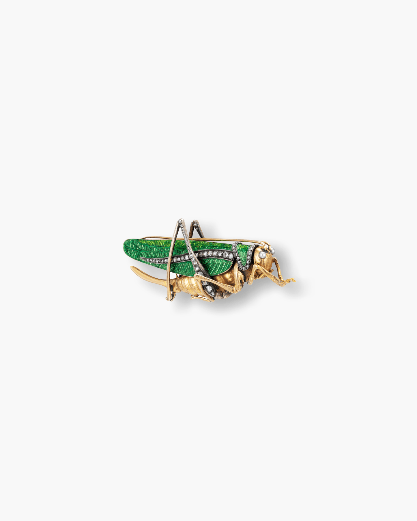 Victorian Diamond Enamel and Seed Pearl Grasshopper Brooch