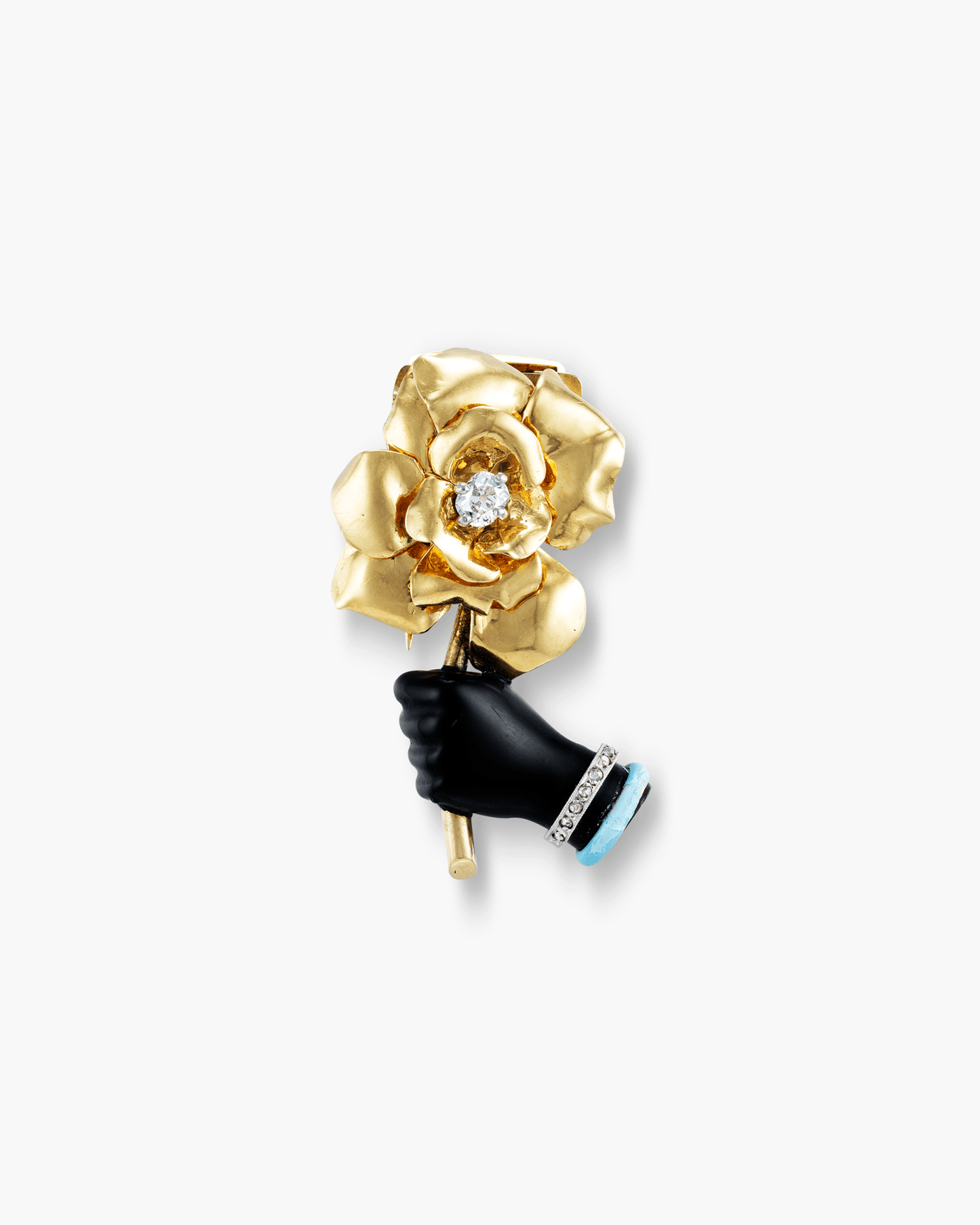 Art Deco Diamond and Enamel Rose in Hand Clip Brooch by Cartier