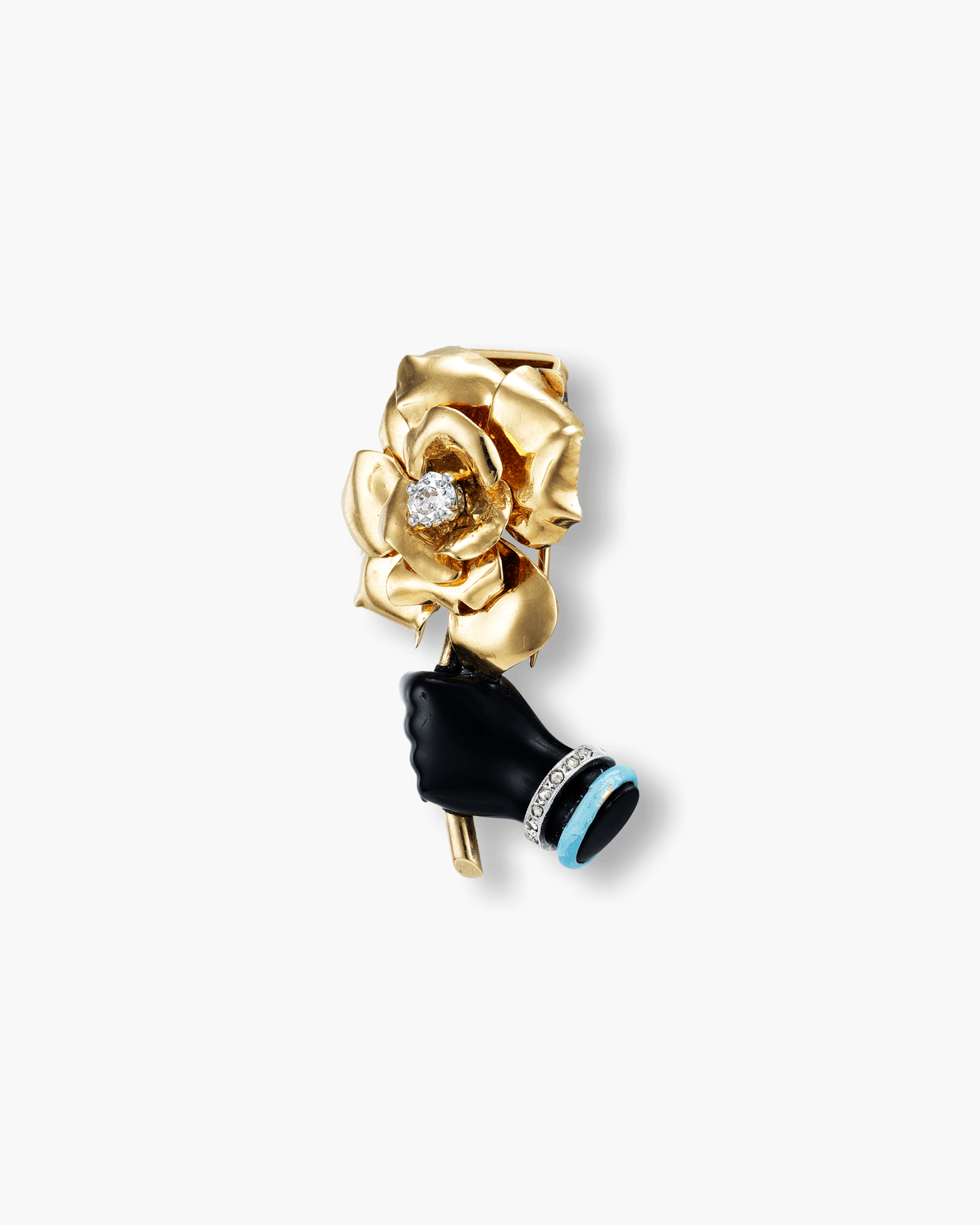Art Deco Diamond and Enamel Rose in Hand Clip Brooch by Cartier
