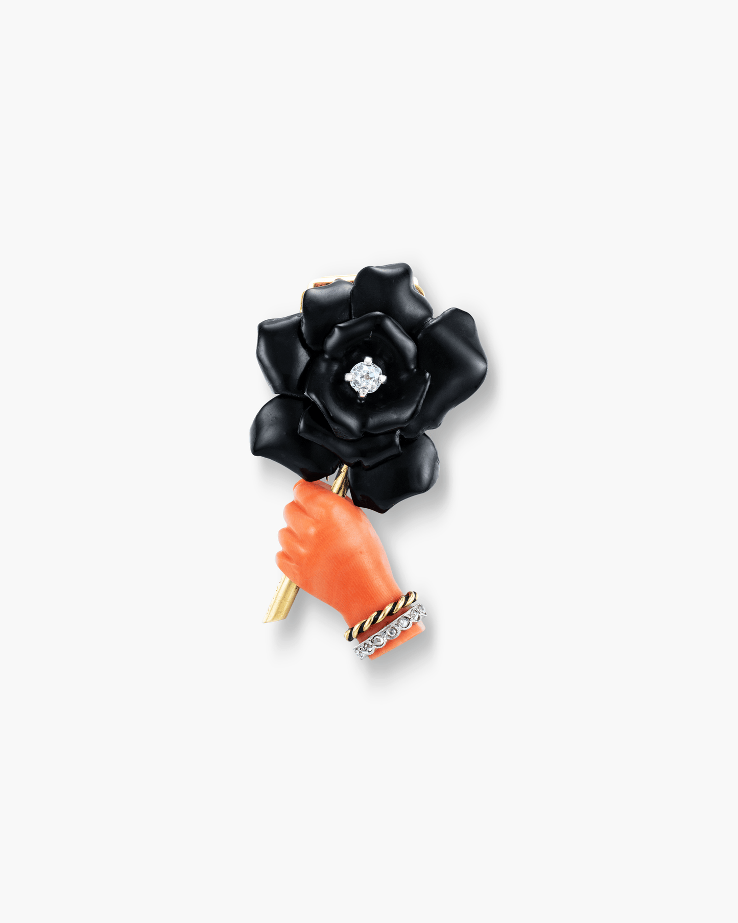 Art Deco Diamond, Coral and Enamel Rose in Hand Clip Brooch by Cartier