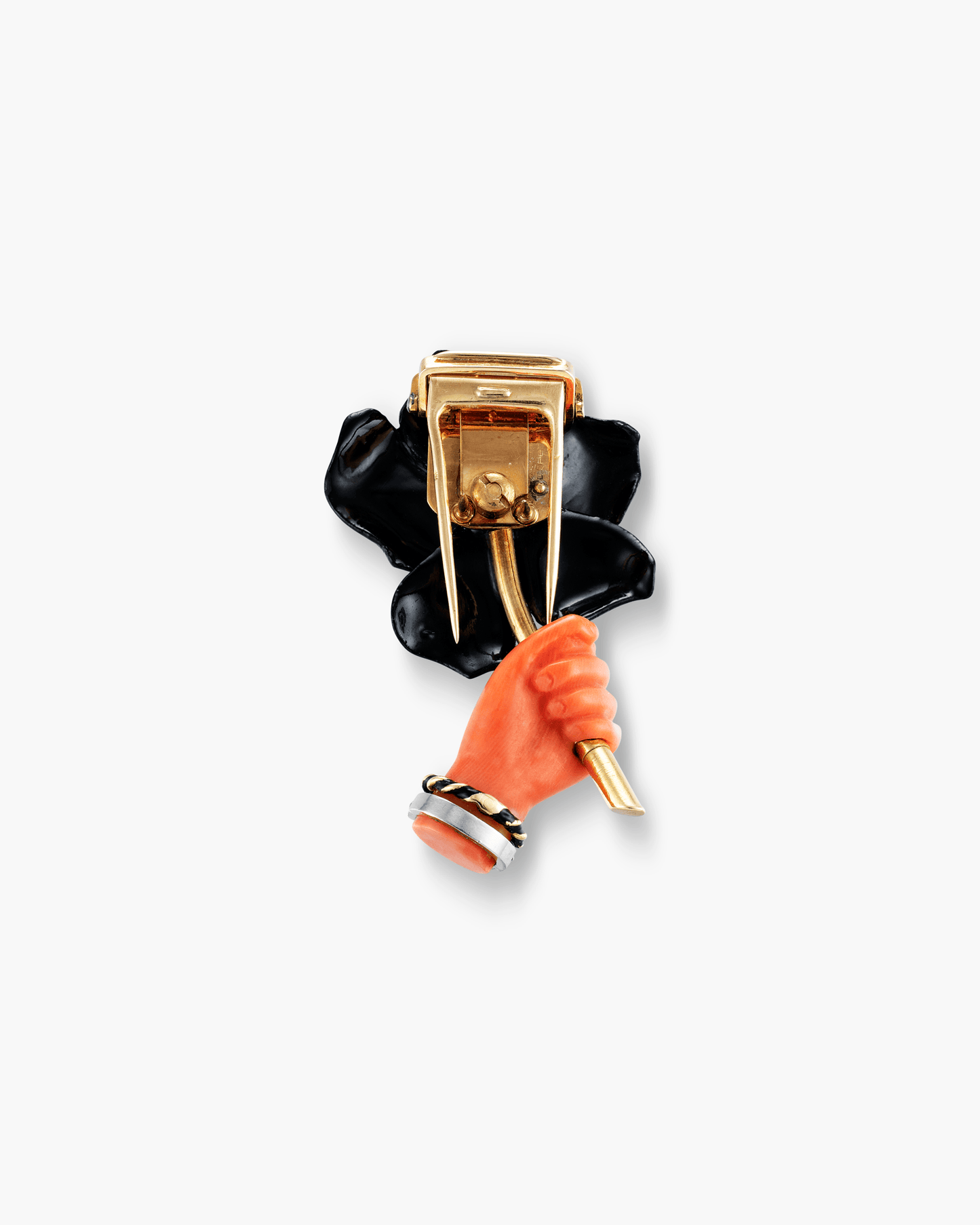 Art Deco Diamond, Coral and Enamel Rose in Hand Clip Brooch by Cartier