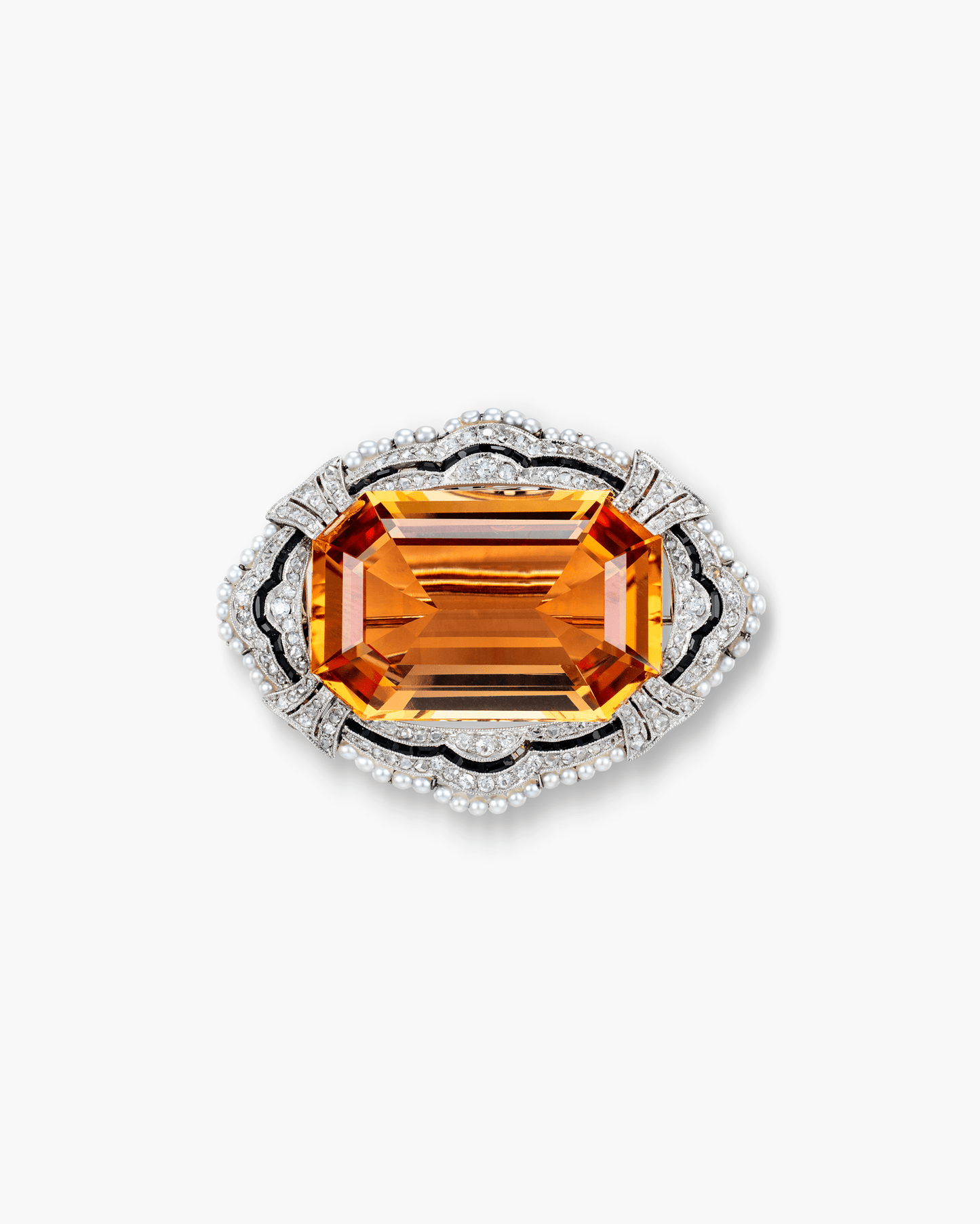Edwardian Imperial Topaz, Diamond, Onyx and Pearl Brooch