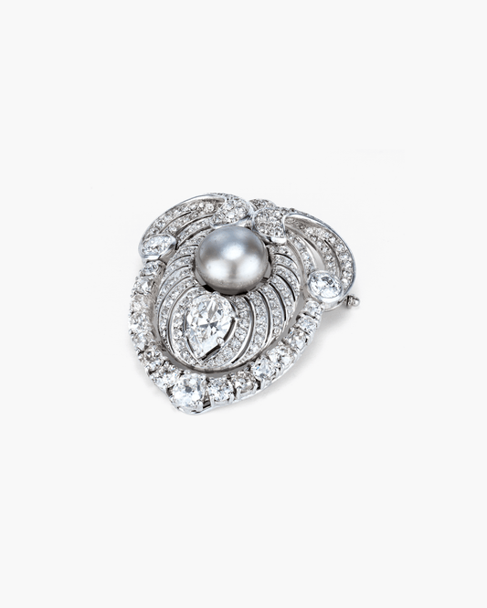 Edwardian Natural Pearl and Diamond Scroll Design Brooch by Koch