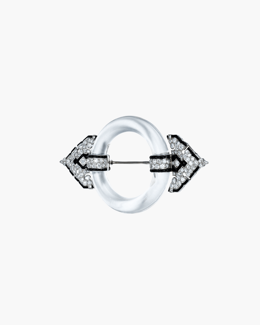 Art Deco Diamond, Rock Crystal and Onyx Buckle Brooch by Cartier