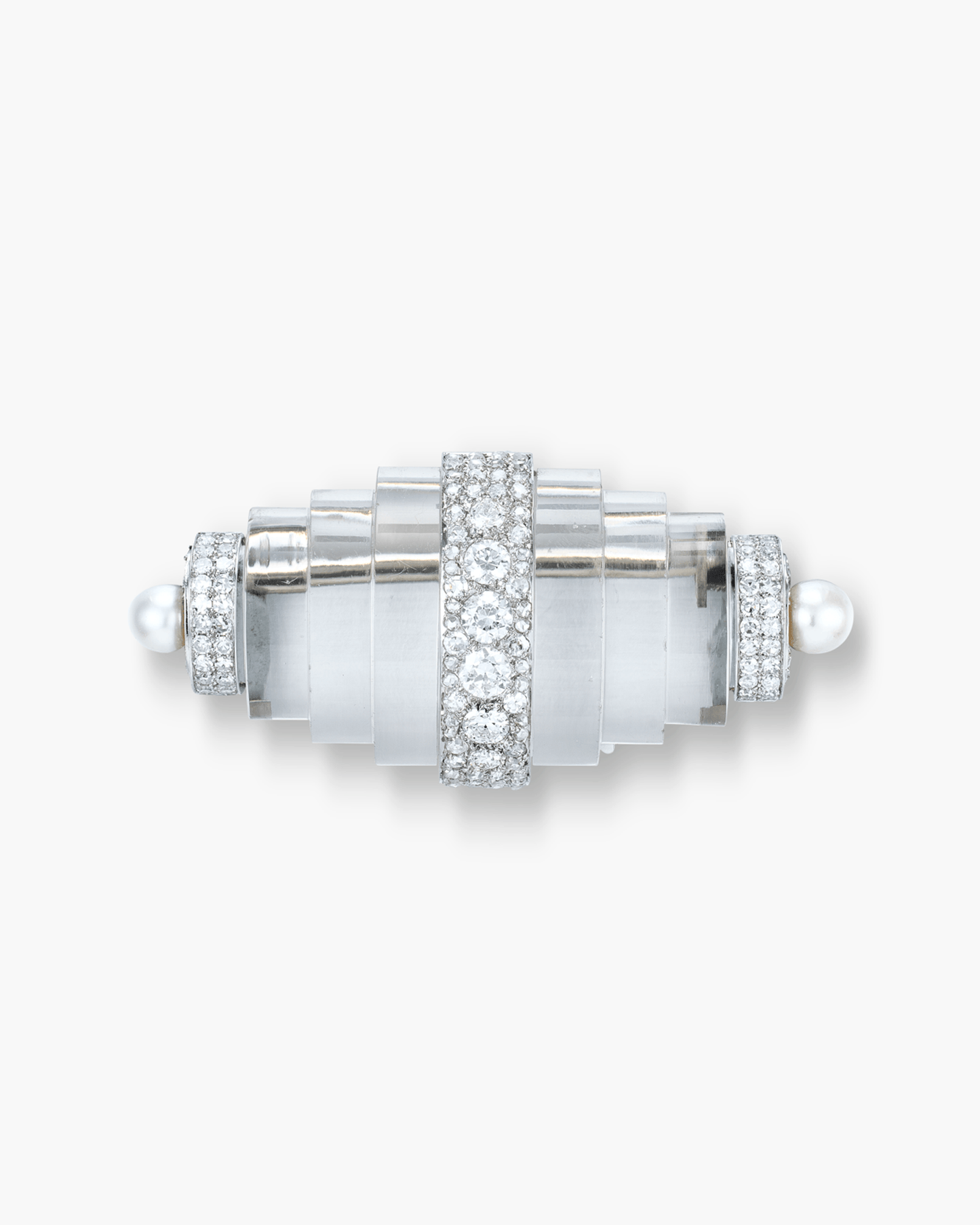 Art Deco Rock Crystal, Pearl and Diamond Tapered Cylindrical Design Brooch by René Boivin