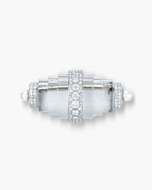 Art Deco Rock Crystal, Pearl and Diamond Tapered Cylindrical Design Brooch by René Boivin