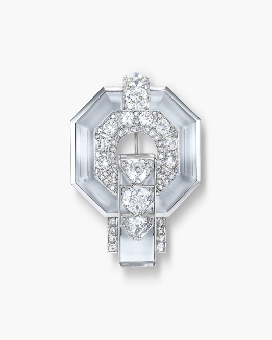 Art Deco Rock Crystal and Diamond Octagon Geometric Design Brooch by René Boivin