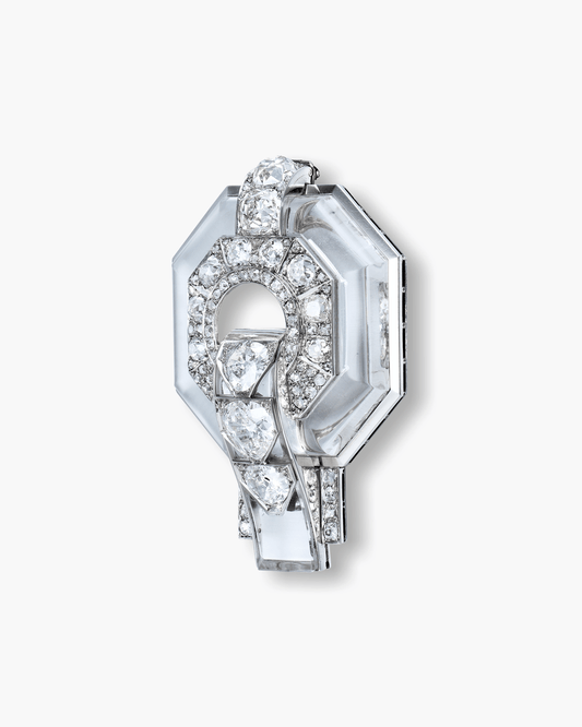 Art Deco Rock Crystal and Diamond Octagon Geometric Design Brooch by René Boivin
