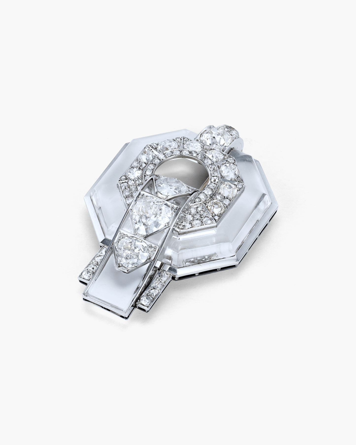 Art Deco Rock Crystal and Diamond Octagon Geometric Design Brooch by René Boivin