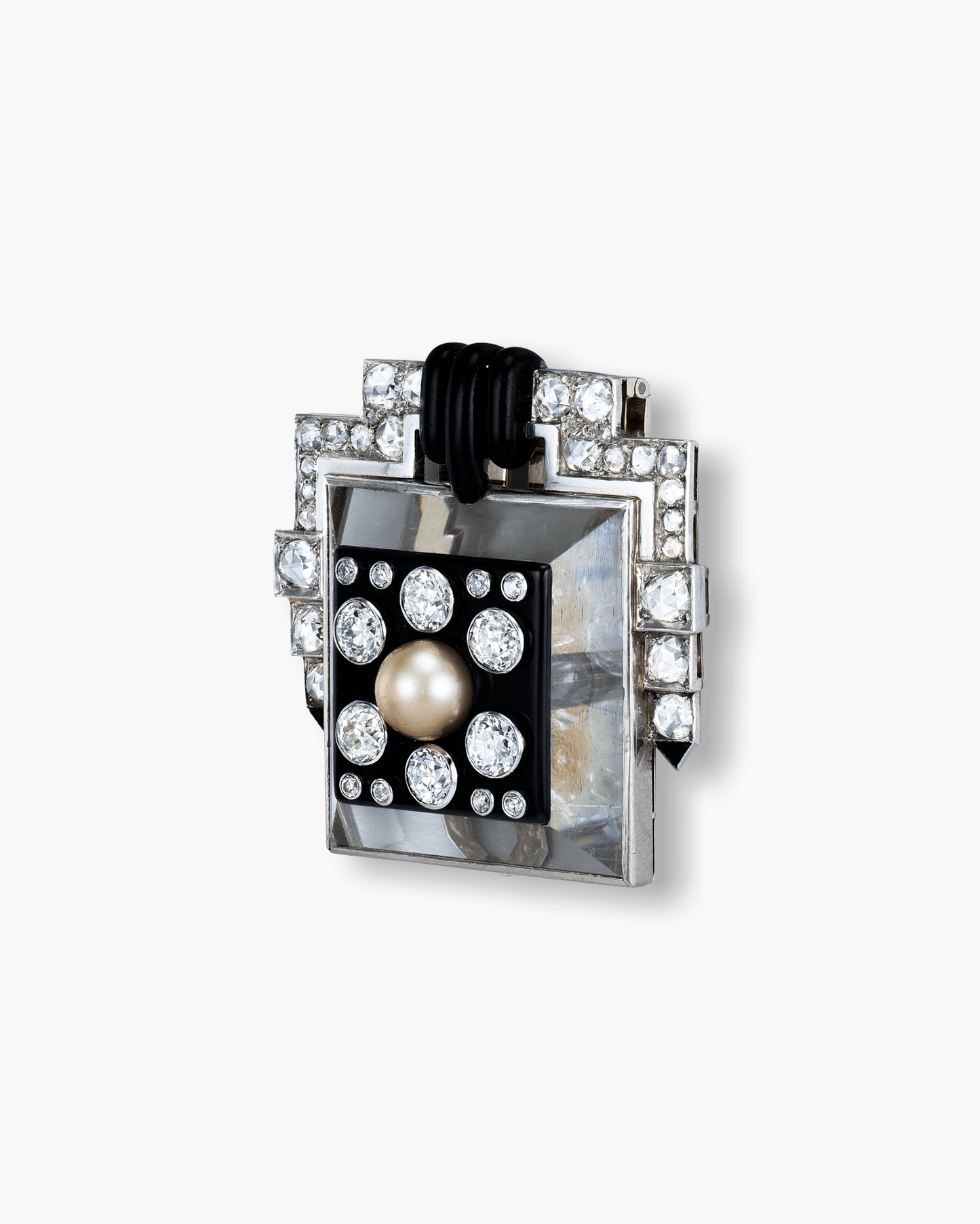 Art Deco Rock Crystal, Pearl, Onyx, Lacquer and Diamond Pyramid Geometric Design Clip by Suzanne Belperron